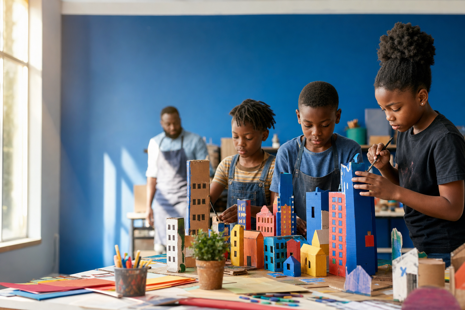 Children making a cardboard city together in a creative workshop