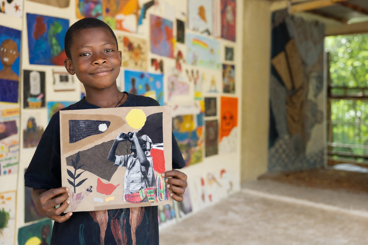 Nigerian child proudly sharing a completed creative project