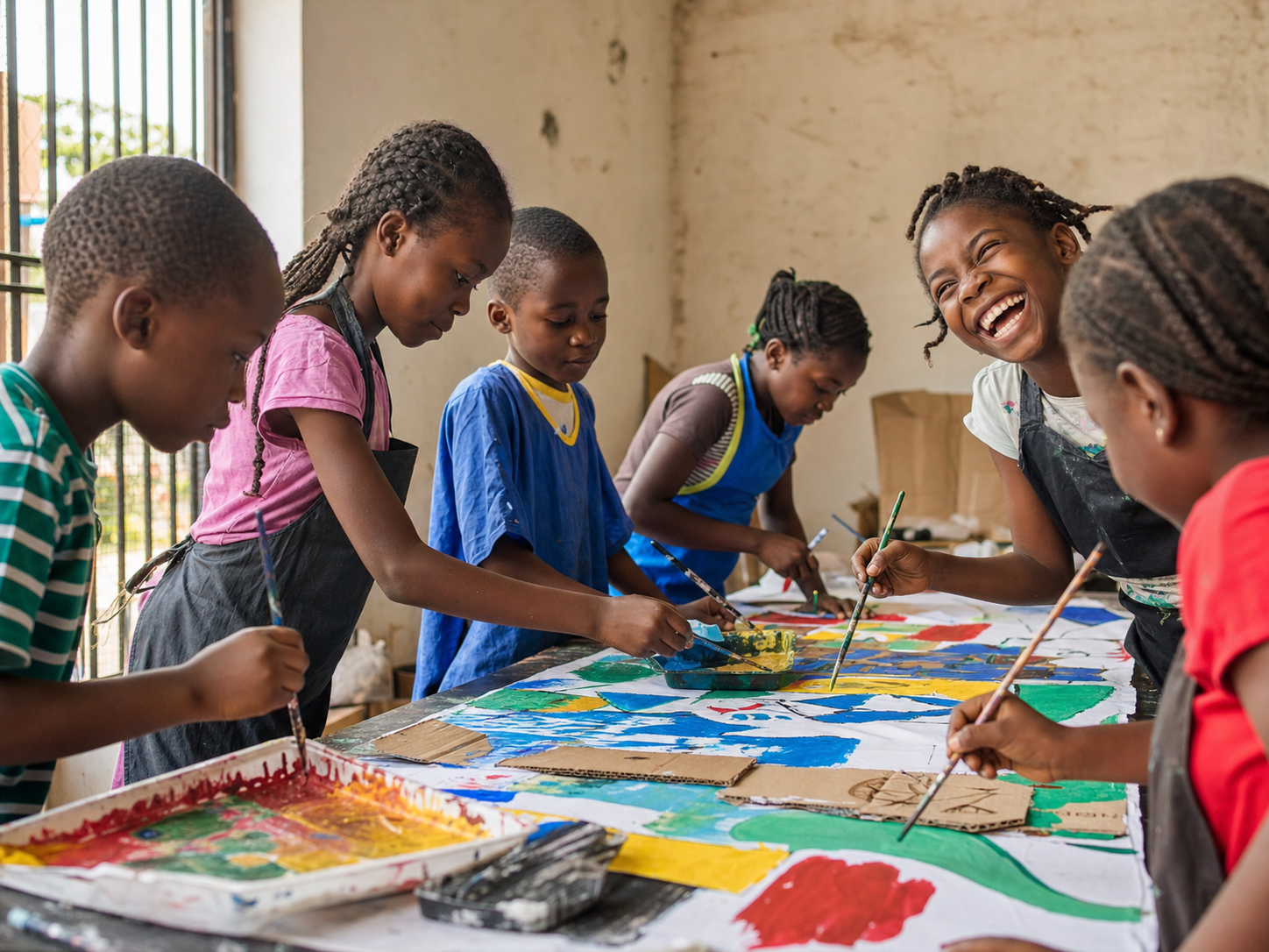 Nigerian children painting a collaborative mural