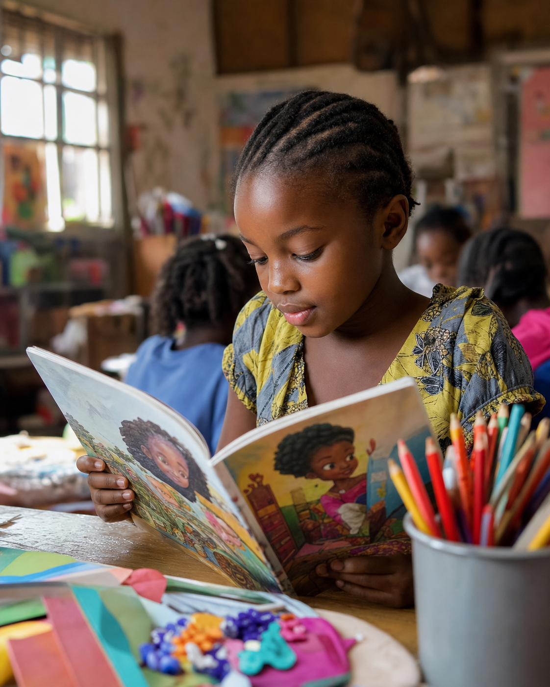 Nigerian child reading an illustrated storybook in a creative learning space